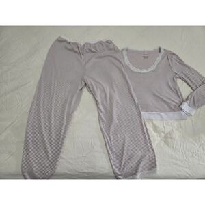 Rachel Ashwell Pajama Set Women Large Tan Striped Lace Trim Knit Ribbed